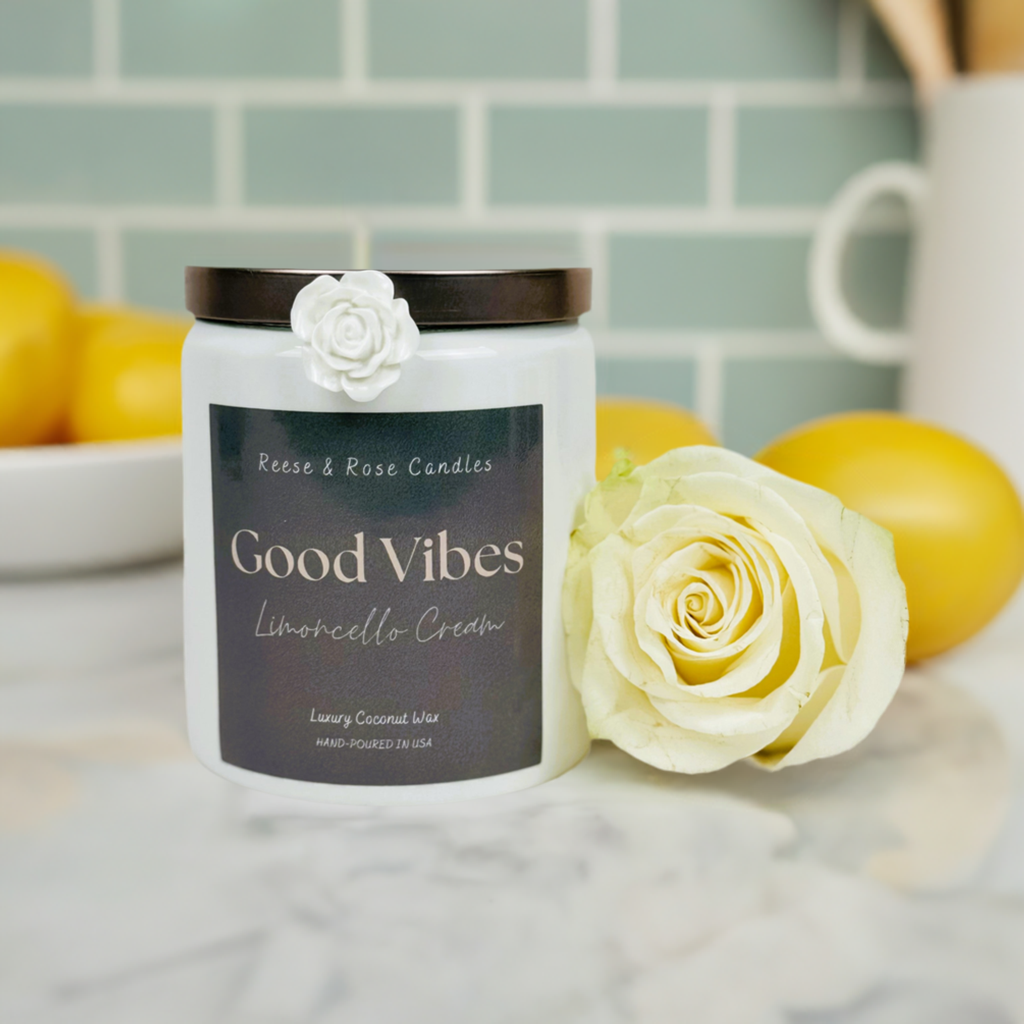 Reese & Rose Limoncello Cream Good Vibes coconut wax candle.