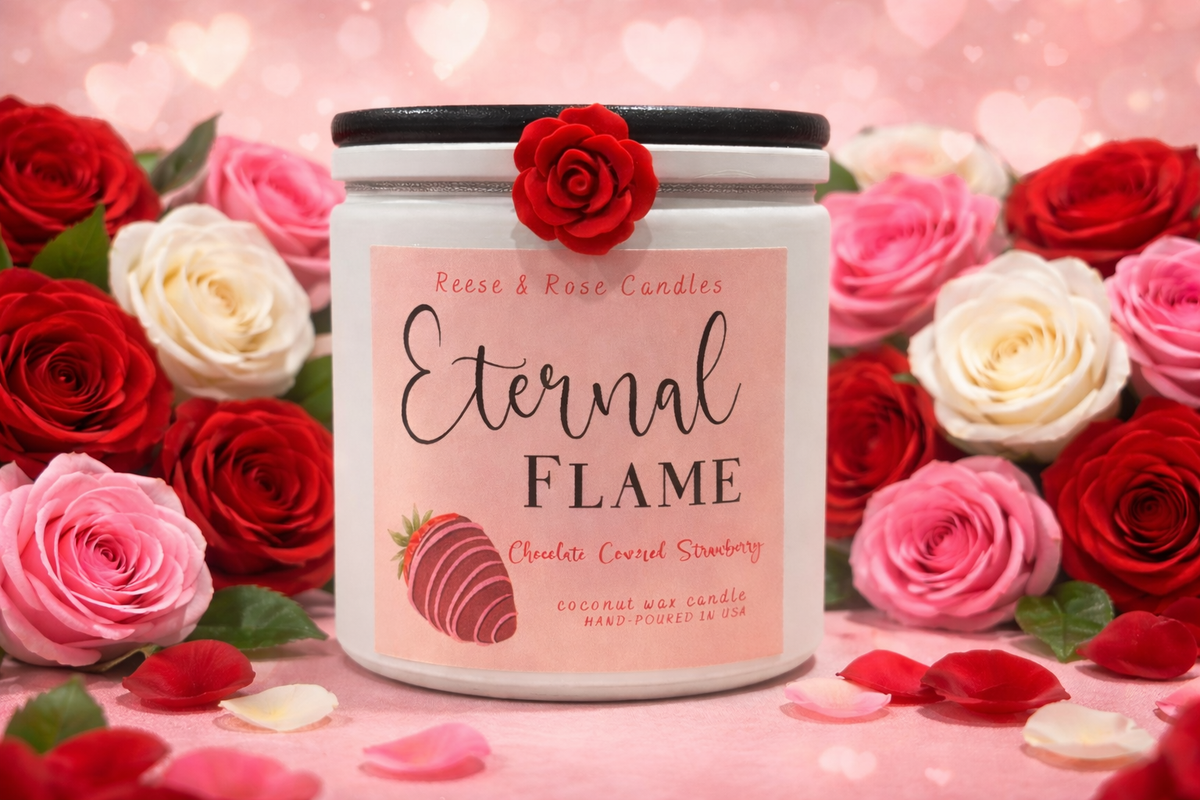 Reese & Rose Chocolate Covered Strawberry Eternal Flame coconut wax candle.