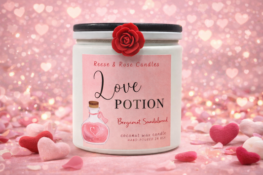 Reese & Rose Bergamot Sandalwood Love Potion coconut wax candle.