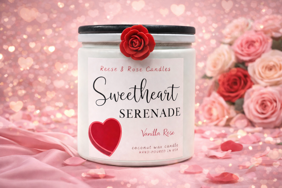 Reese & Rose Sweetheart Serenade Vanilla Rose coconut wax candle.
