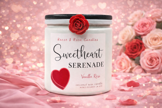 Reese & Rose Sweetheart Serenade Vanilla Rose coconut wax candle.