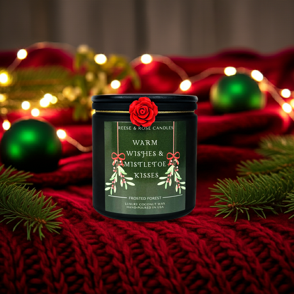 Candle with decorative label on a red fabric background with Christmas decorations