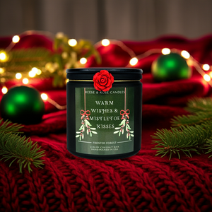 Candle with decorative label on a red fabric background with Christmas decorations