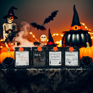 Halloween-themed candles with decorative labels on a festive background with pumpkins, bats, and a skeleton.