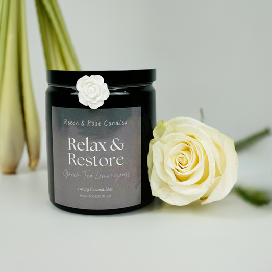 Reese & Rose Green Tea Lemongrass Relax & Restore coconut wax candle.