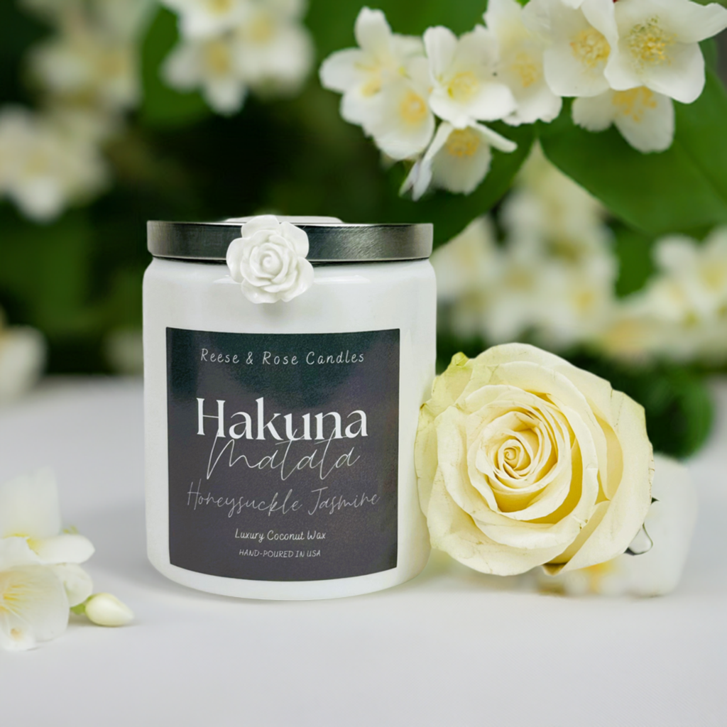 Reese & Rose Honeysuckle Jasmine Hakuna Matata coconut wax candle.