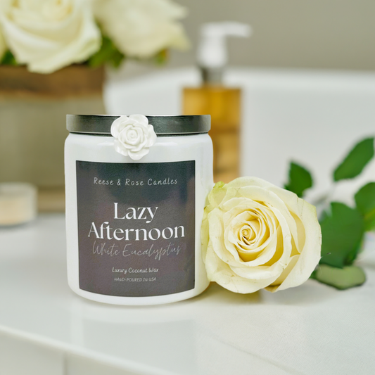 Reese & Rose White Eucalyptus Lazy Days coconut wax candle.